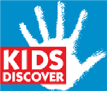 Kids Discover words in a red box with a white hand in the background on a blue square link to site 